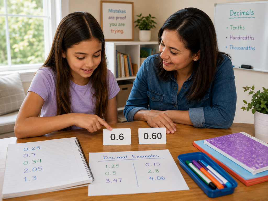 Student learning decimal practice by comparing 0.6 and 0.60