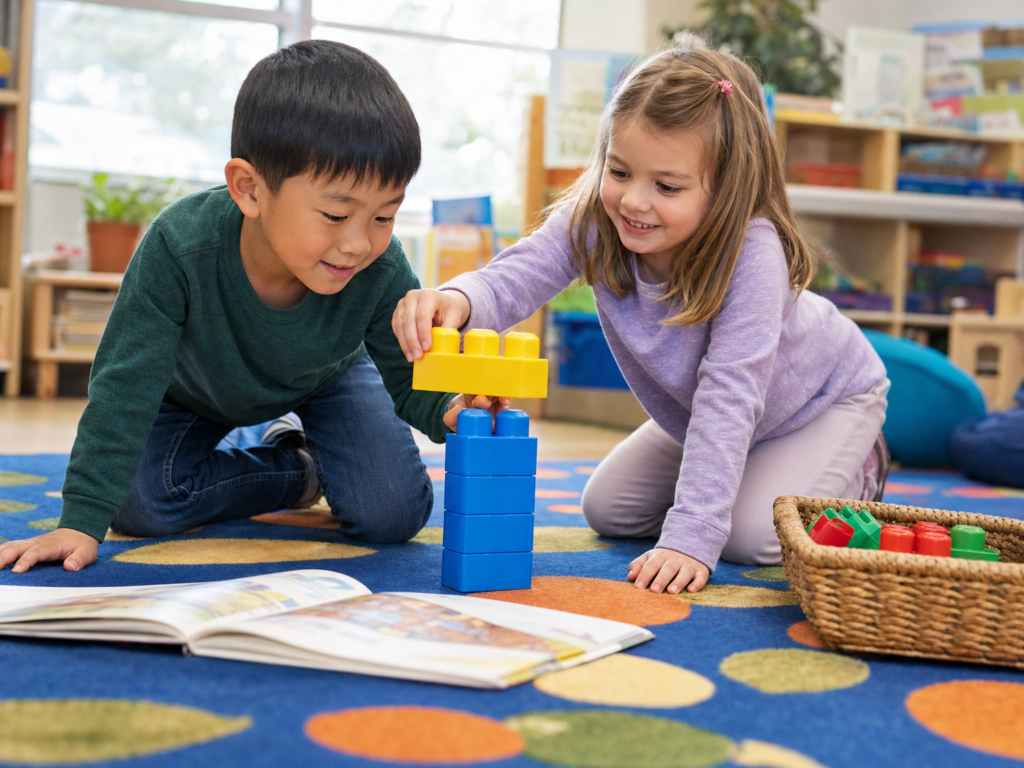 First grade students using building blocks to practice addition for kids
