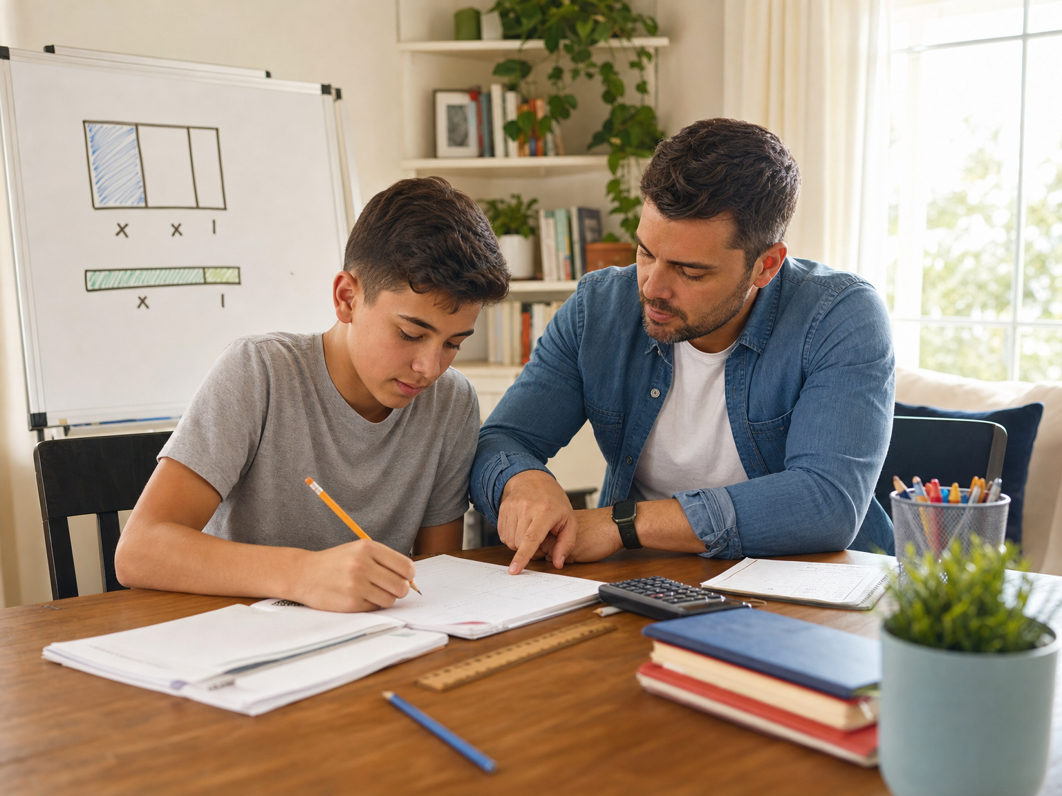 Parent helping a student with algebra practice at home