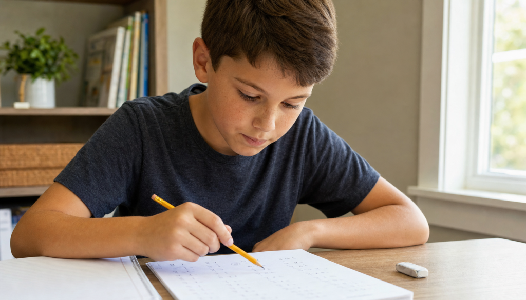 Child checking careless mistakes in math on a worksheet