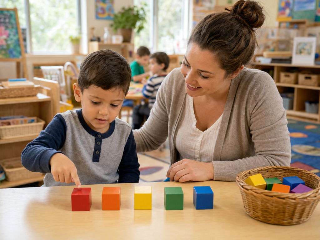 Kindergarten child practicing counting skills for kids with colorful blocks and a teacher