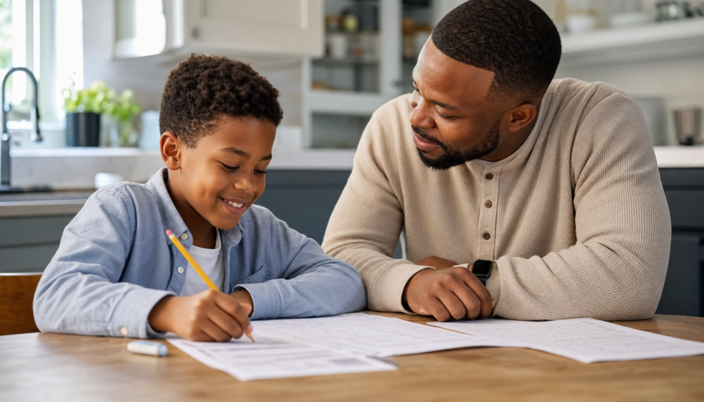 Father helping his son build math confidence during worksheet practice