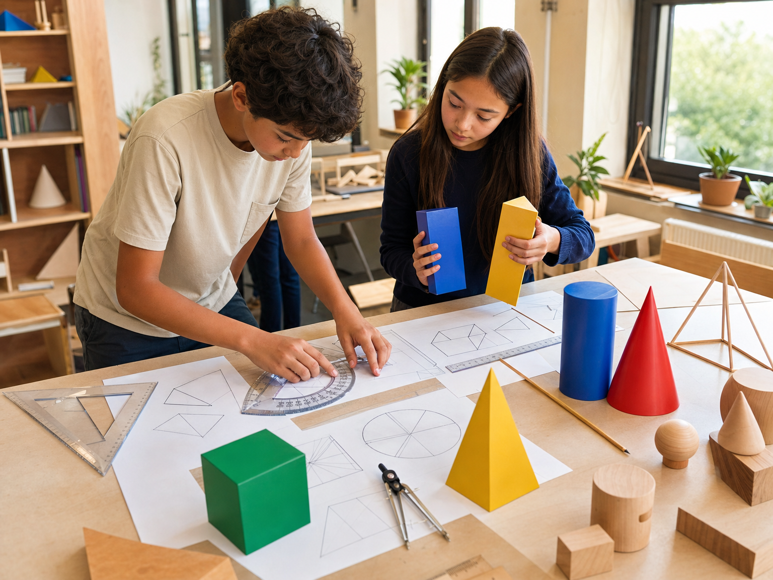 Students using hands-on materials for geometry practice