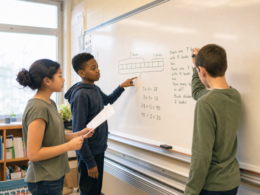 Students using a visual model to solve math word problems