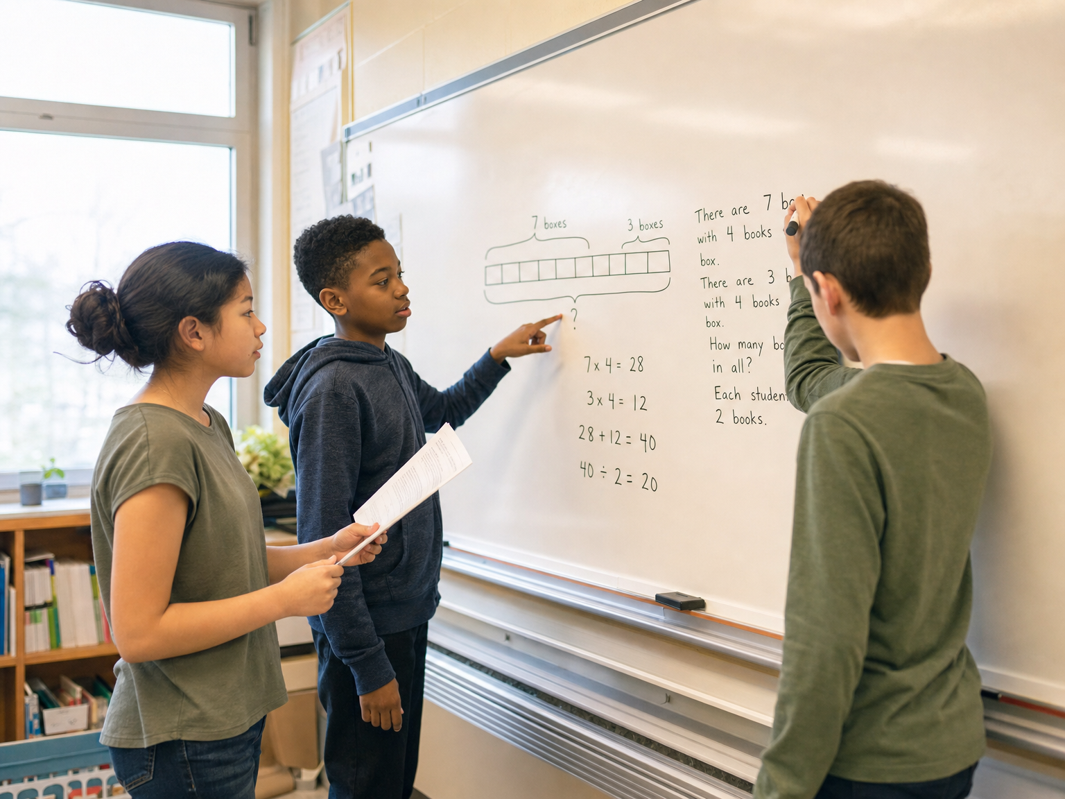 Students using a visual model to solve math word problems