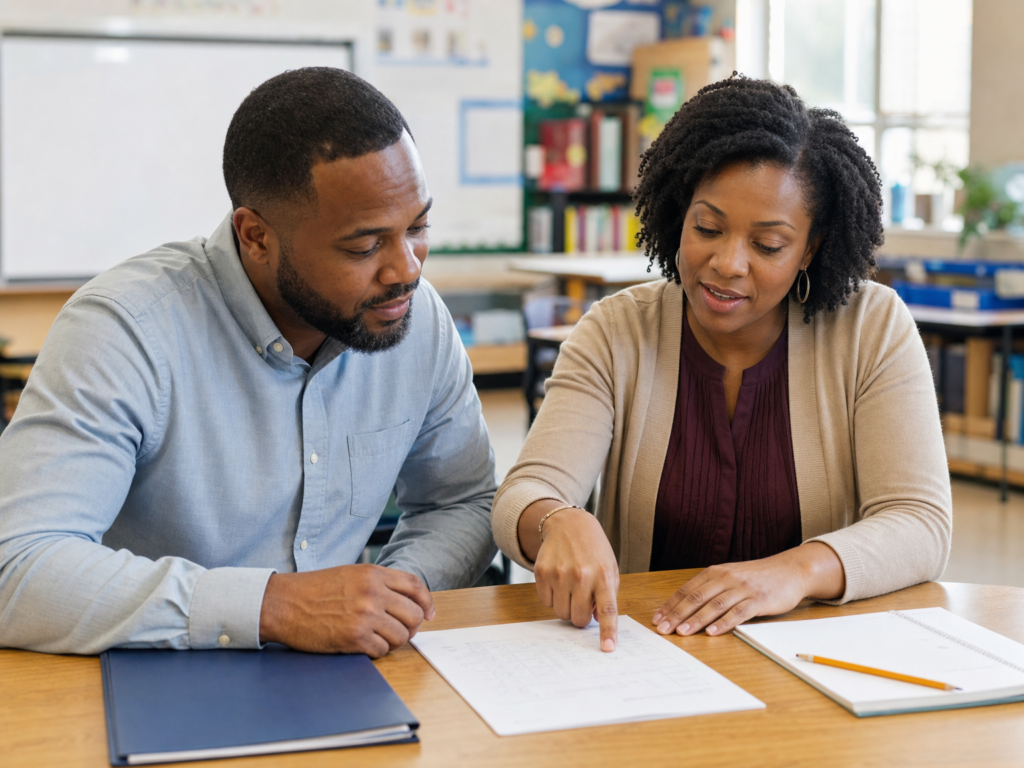 Parent and teacher discussing support when a child struggles with math