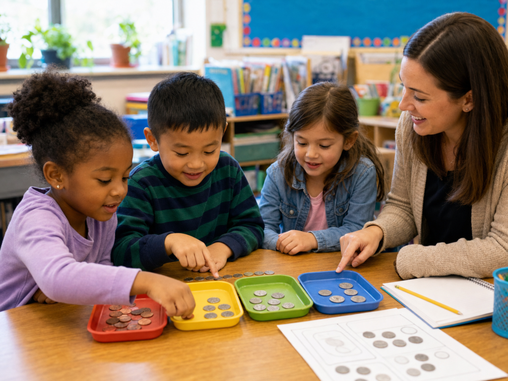 Teacher helping young students sort and count coins while teaching kids about money