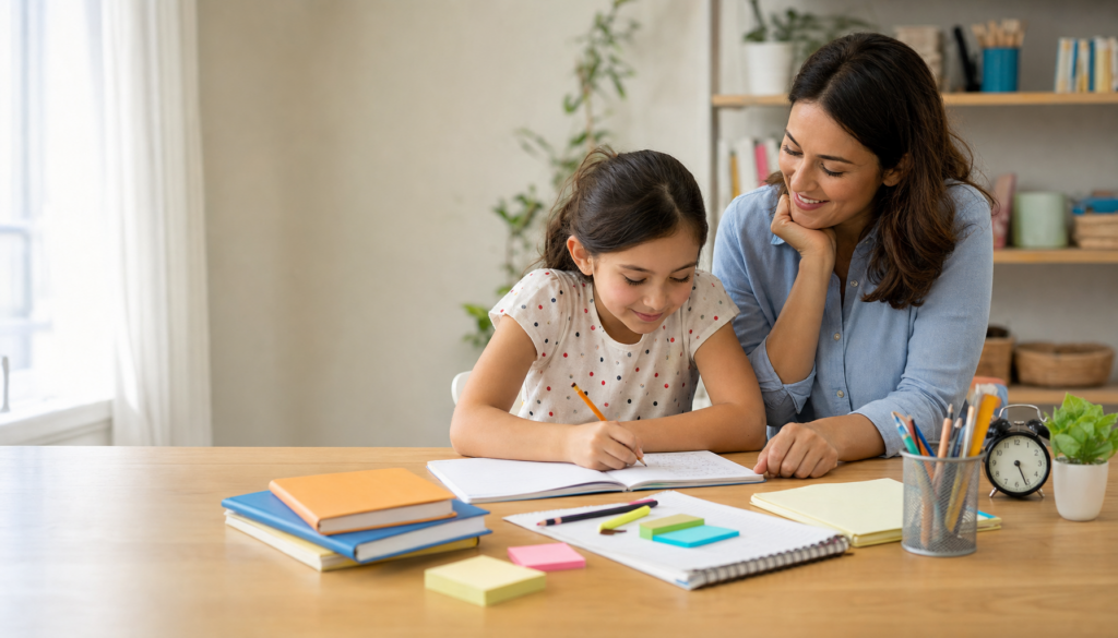 Study habits for kids with parent supporting home learning