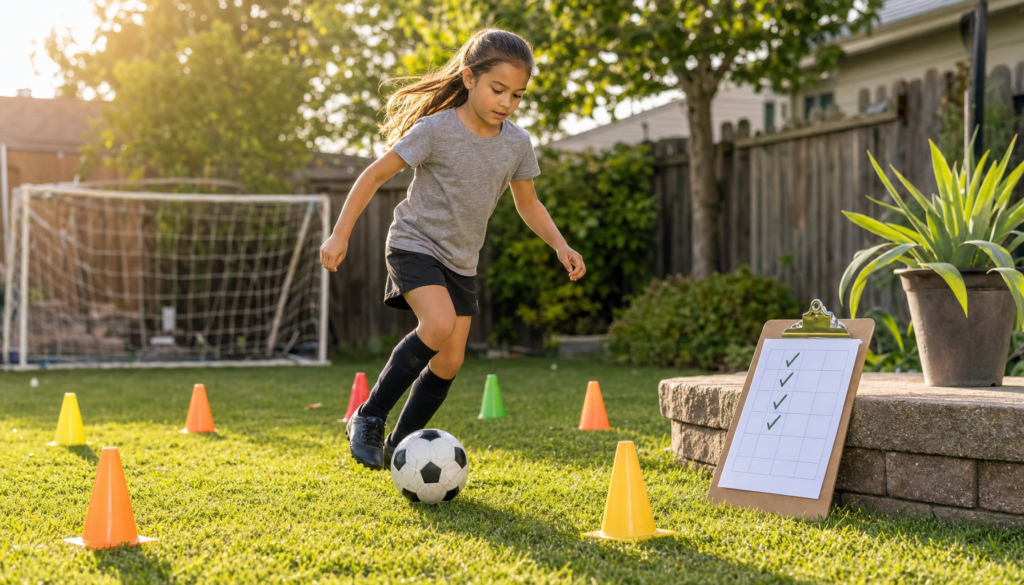 Girl practicing soccer while tracking progress toward a goal