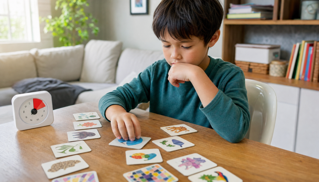 Child building concentration skills for kids with a memory matching game